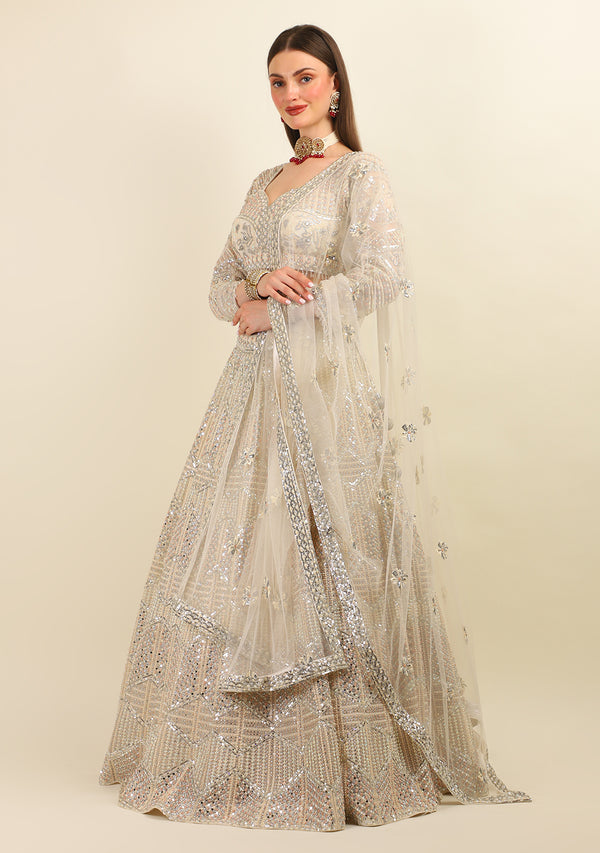 WHITE HAND EMBROIDER LEHENGA WITH TOP