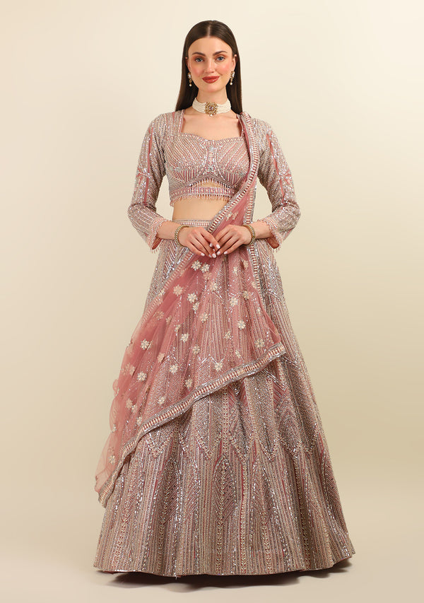 DARK NUDE EMBROIDERY TOP WITH LEHENGA