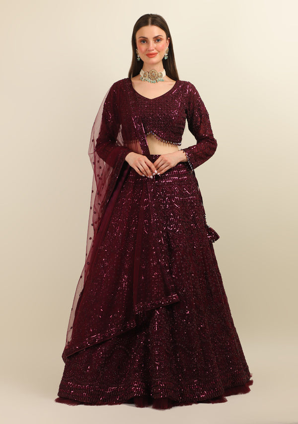 WINE HAND EMBROIDERY LEHENGA WITH FULL SLEEVES TOP