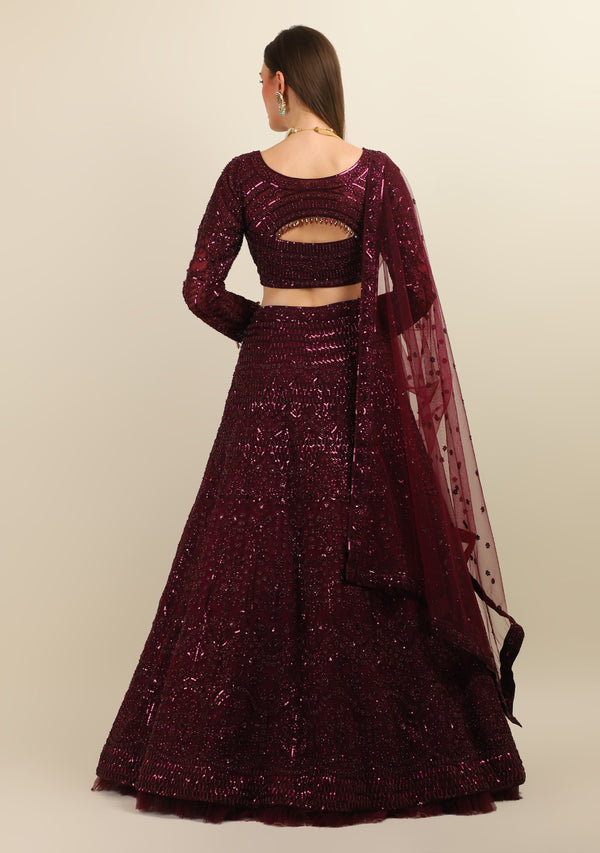 WINE HAND EMBROIDERY LEHENGA WITH FULL SLEEVES TOP