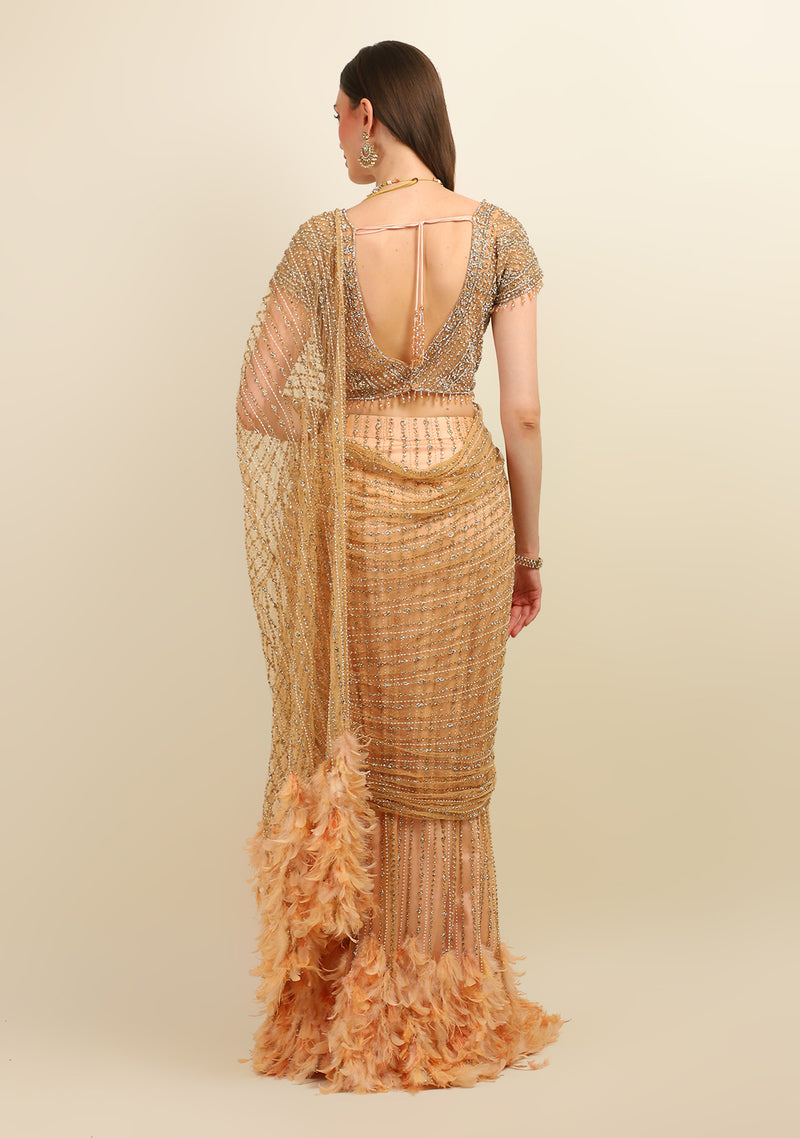 NUDE EMBROIDERY TOP WITH EMBROIDERY STITCH EMBROIDERY FEATHERS SAREE