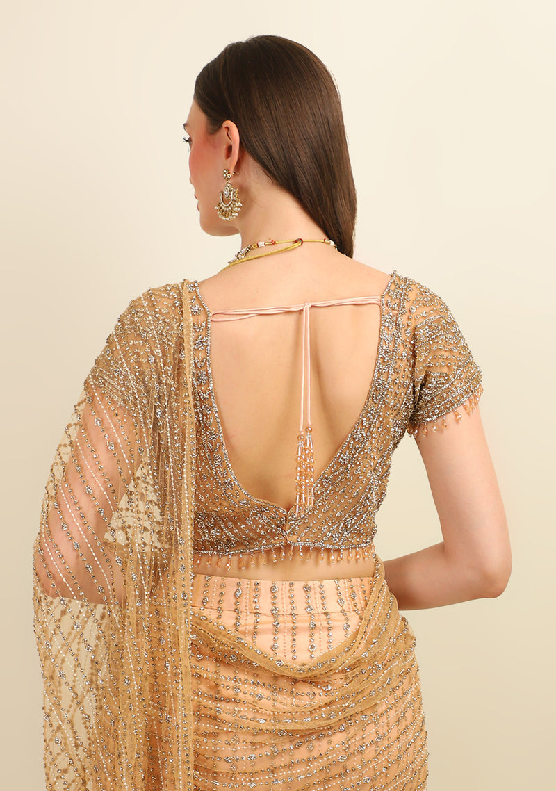 NUDE EMBROIDERY TOP WITH EMBROIDERY STITCH EMBROIDERY FEATHERS SAREE