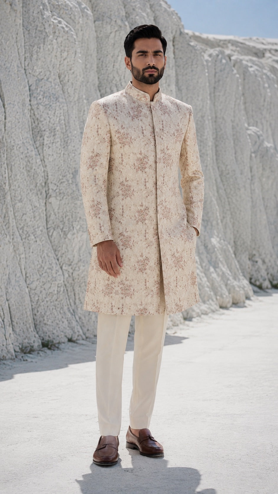 Beige Floral Printed Sherwani Set