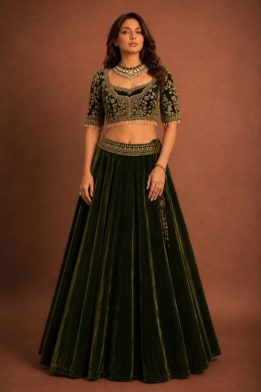 Olive Gul Velvet Lehenga Set with Net Dupatta