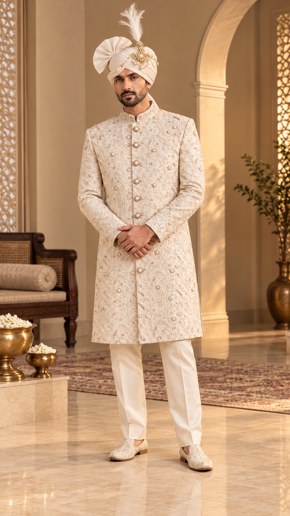 Ivory Floral Embroidered Sherwani Set