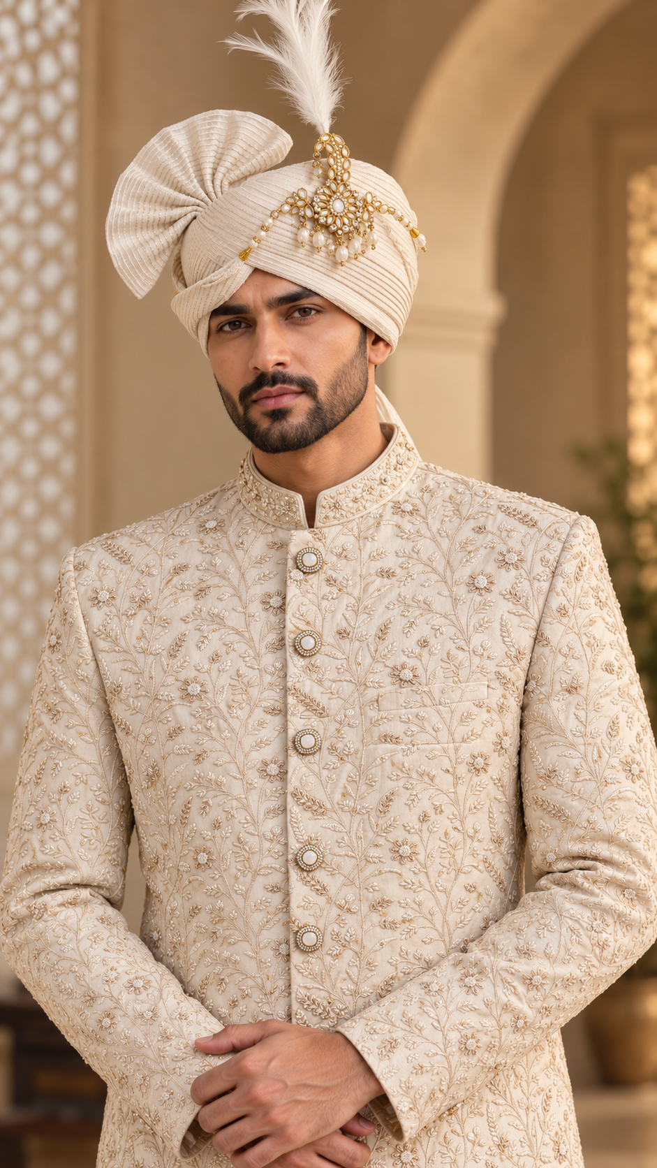 Ivory Floral Embroidered Sherwani Set