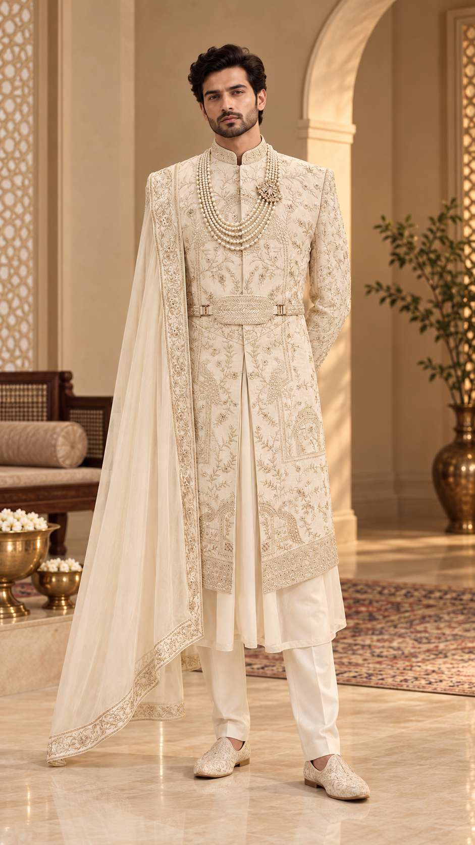 Ivory Floral Embroidered Sherwani Set with Stole
