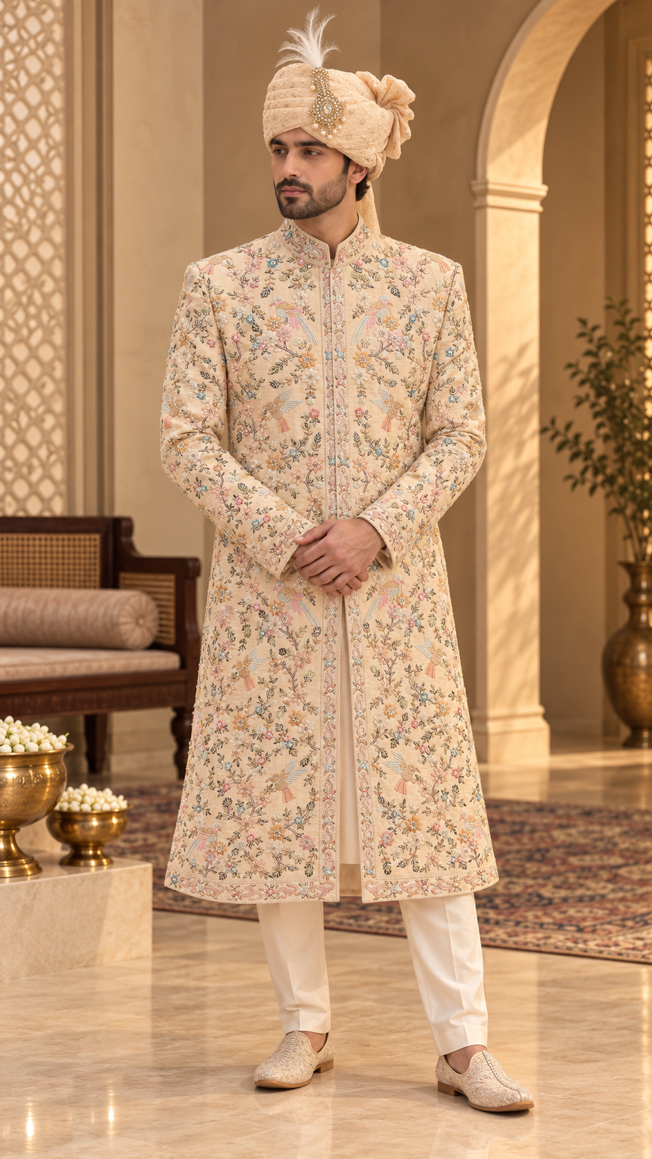 Cream Floral Embroidered Sherwani Set