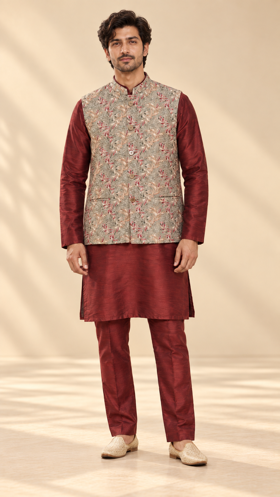 Maroon Printed Waistcoat Kurta Set