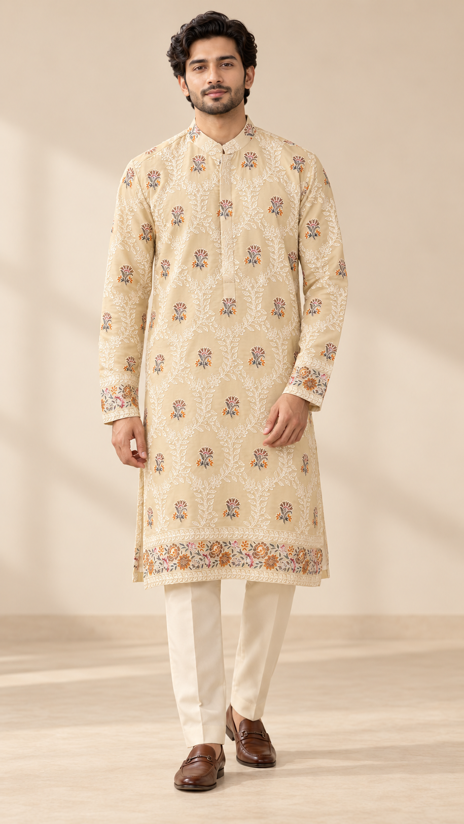 Beige Floral Printed Kurta Pajama Set