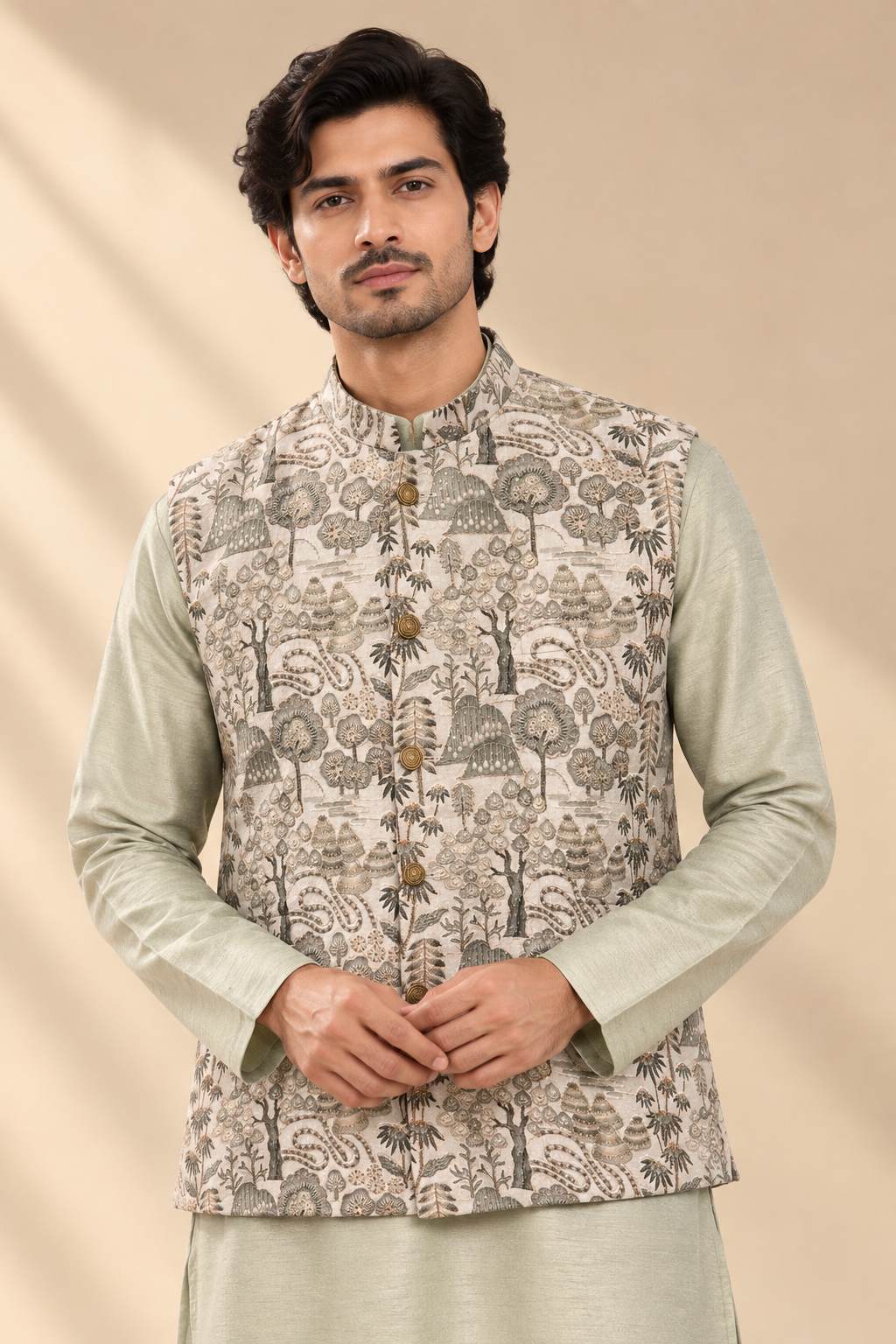 Sage Green Printed Waistcoat Set