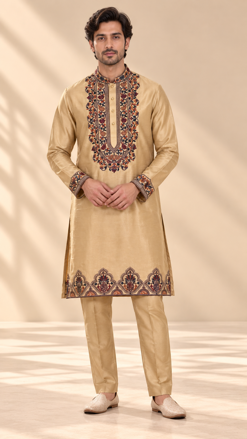 Golden Silk Embroidered Kurta