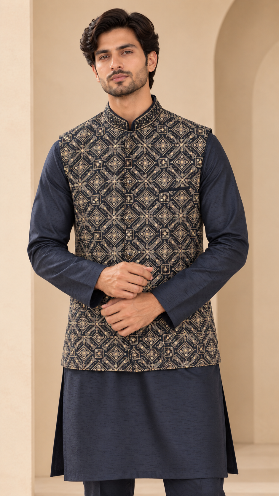 Navy Blue & Gold Patterned Jacket Set