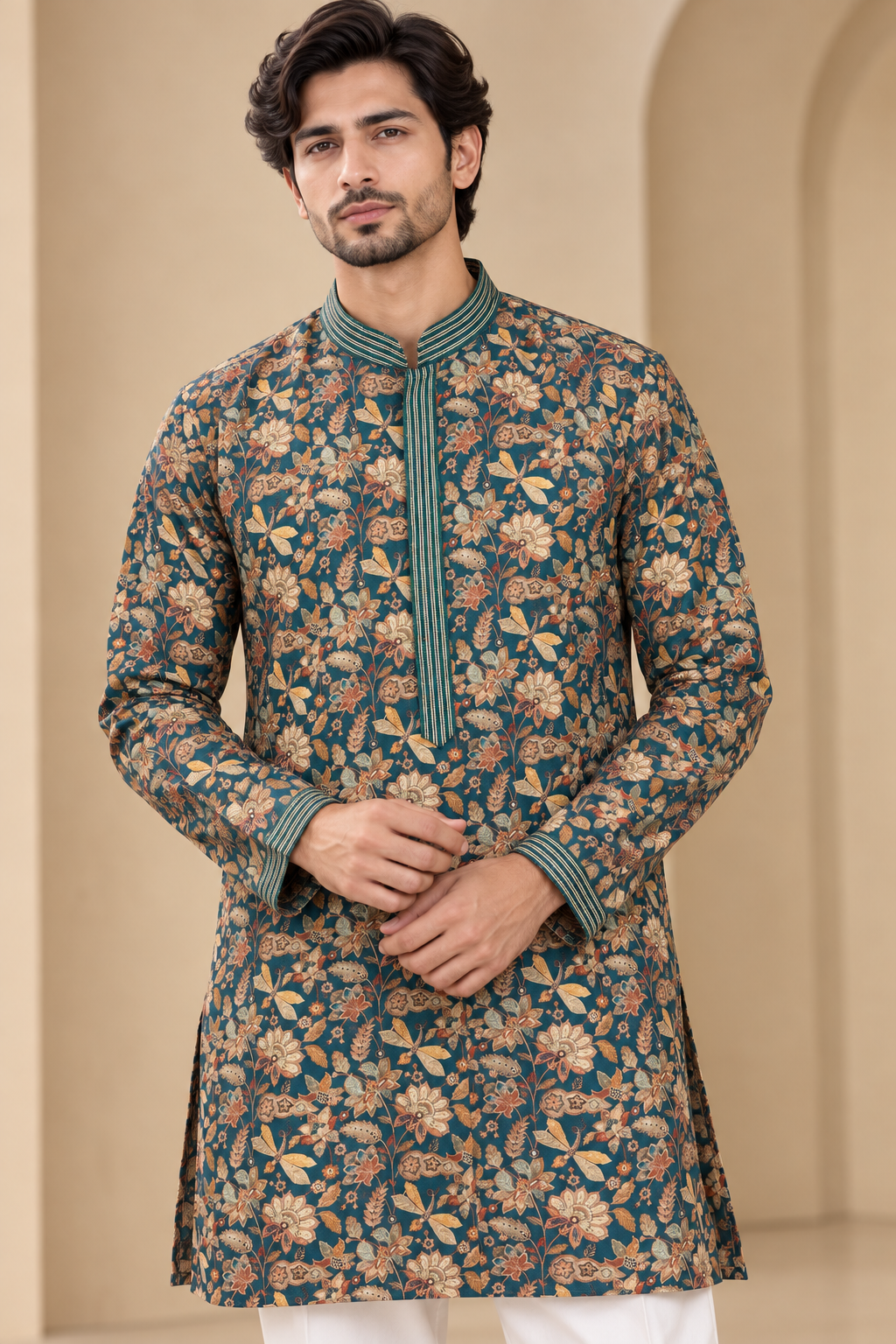 Teal Blue Floral Printed Kurta Set