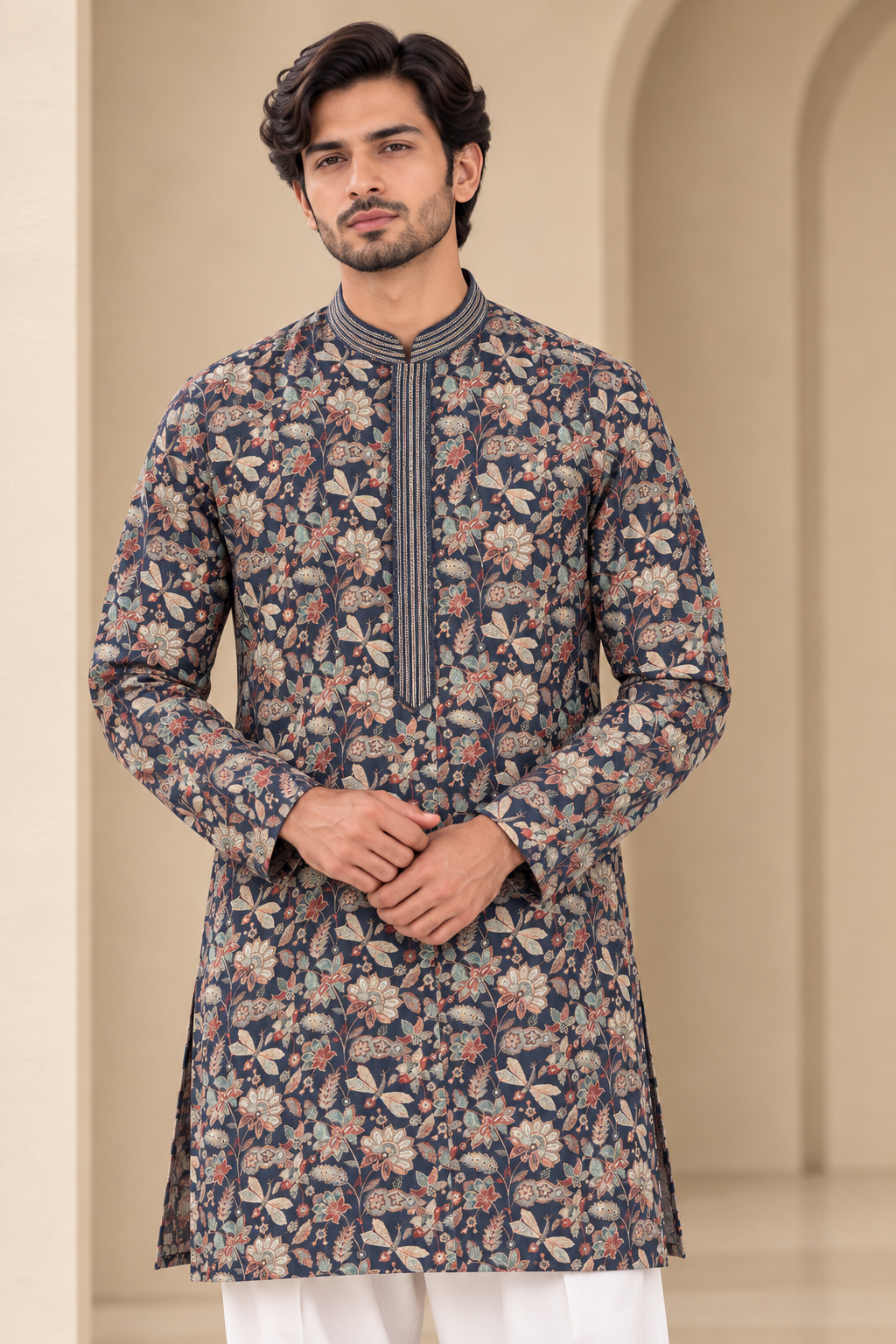 Midnight Blue Floral Printed Kurta
