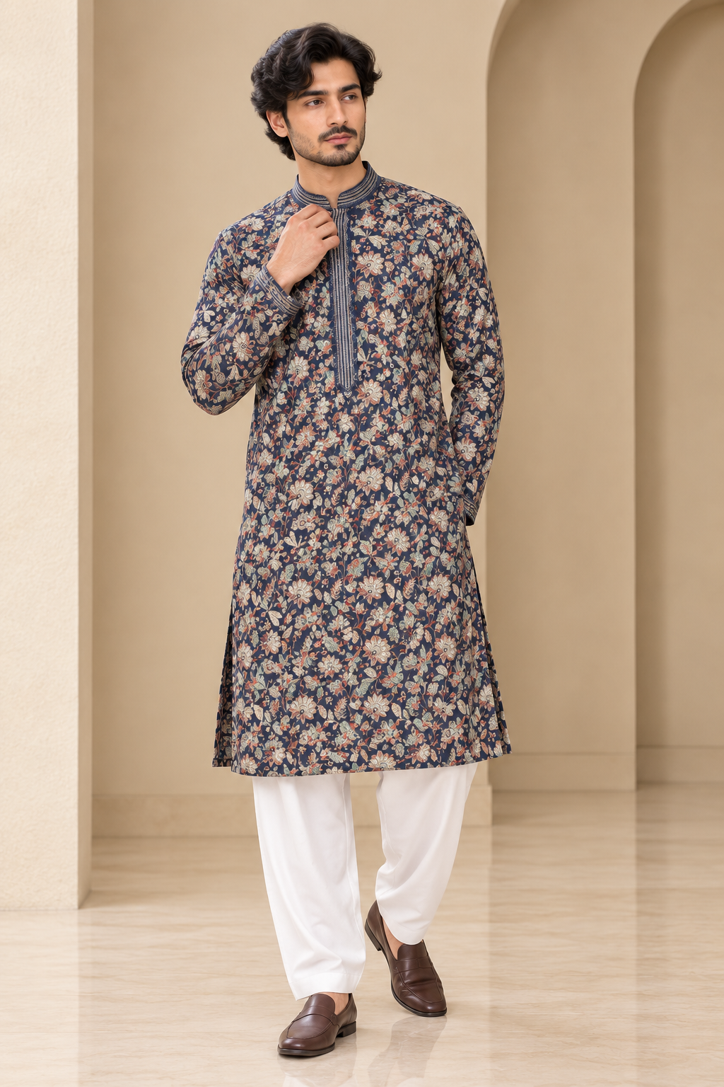 Midnight Blue Floral Printed Kurta