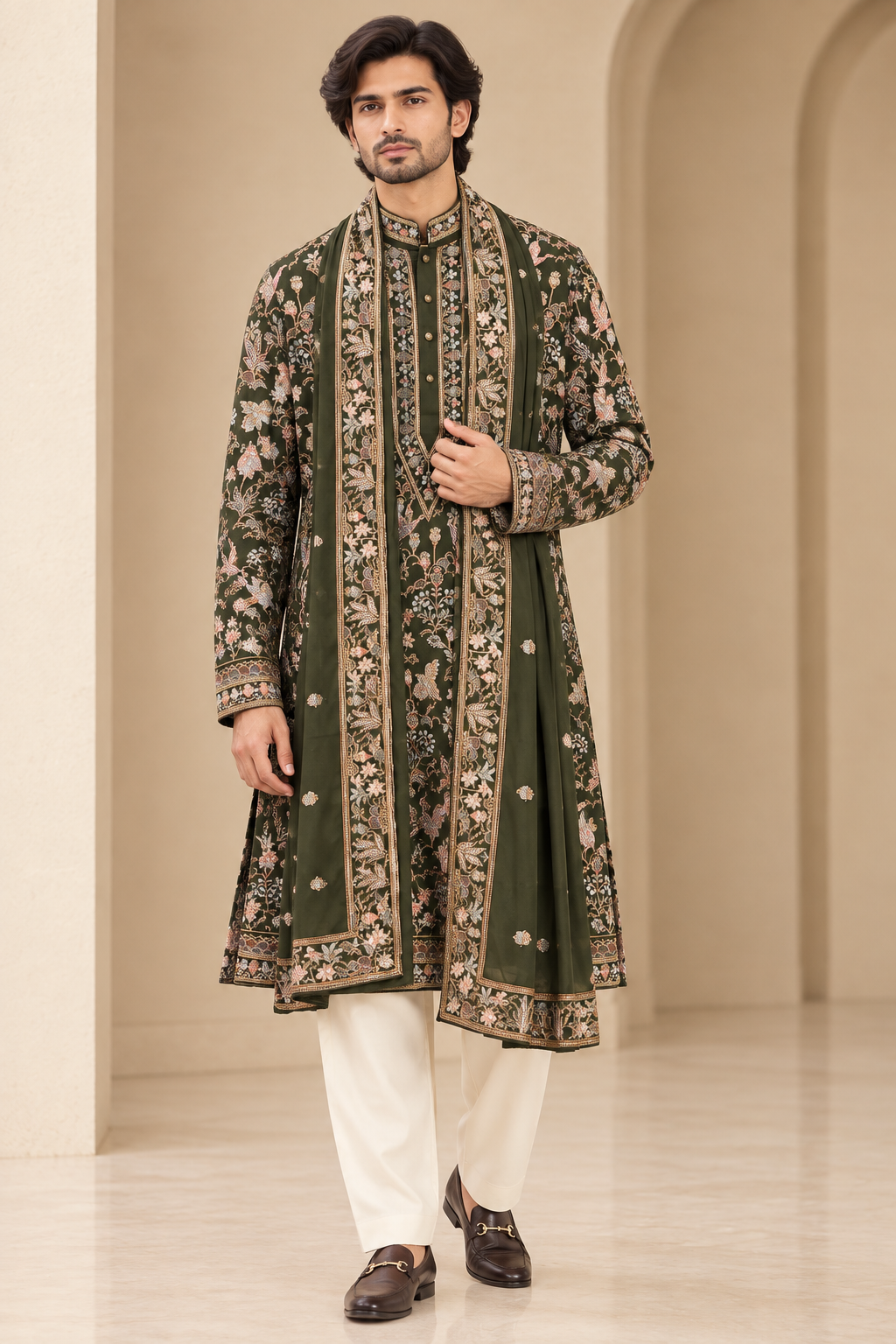 Regal Olive Green Embroidered Kurta Set
