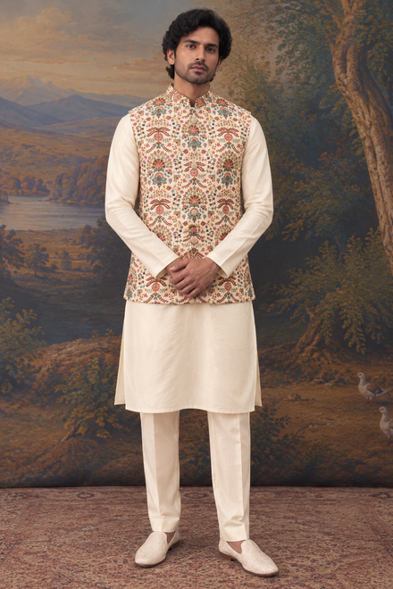 Ivory Floral Printed Kurta & Waistcoat Set