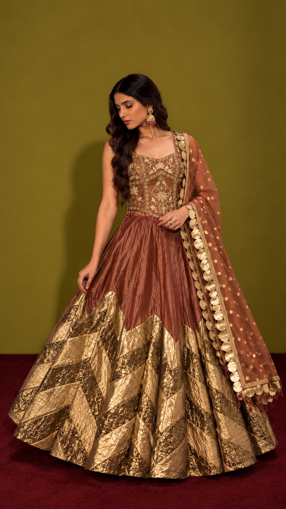 Rust Gold Embroidered Lehenga
