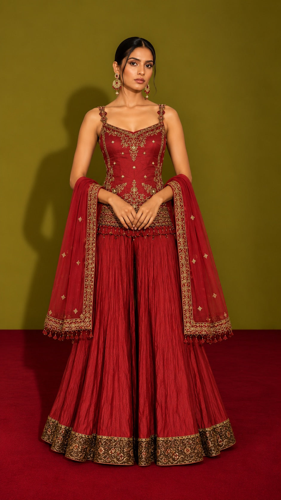 Ruby Red Embroidered Sharara Set