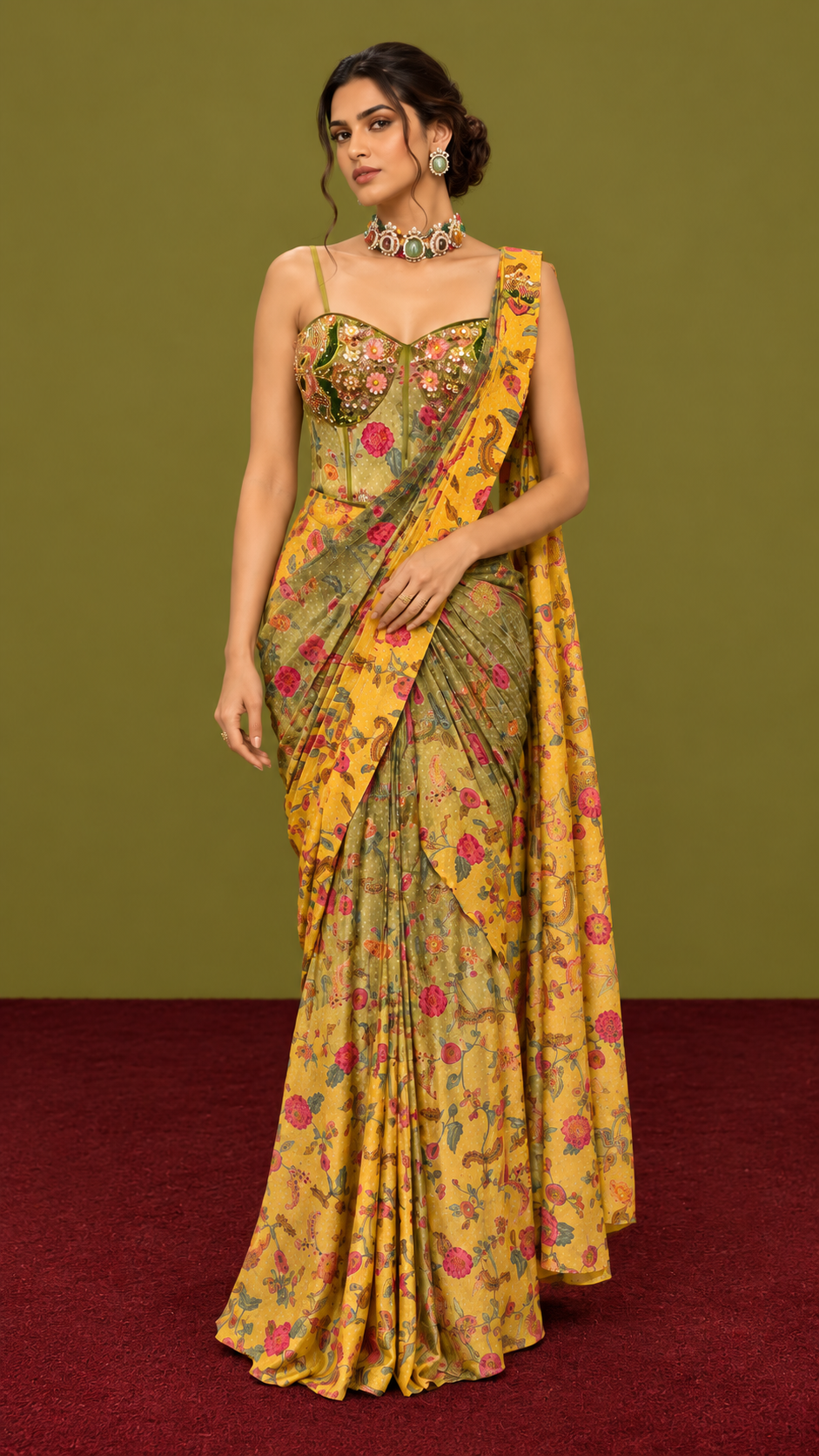Mustard Olive Printed Saree