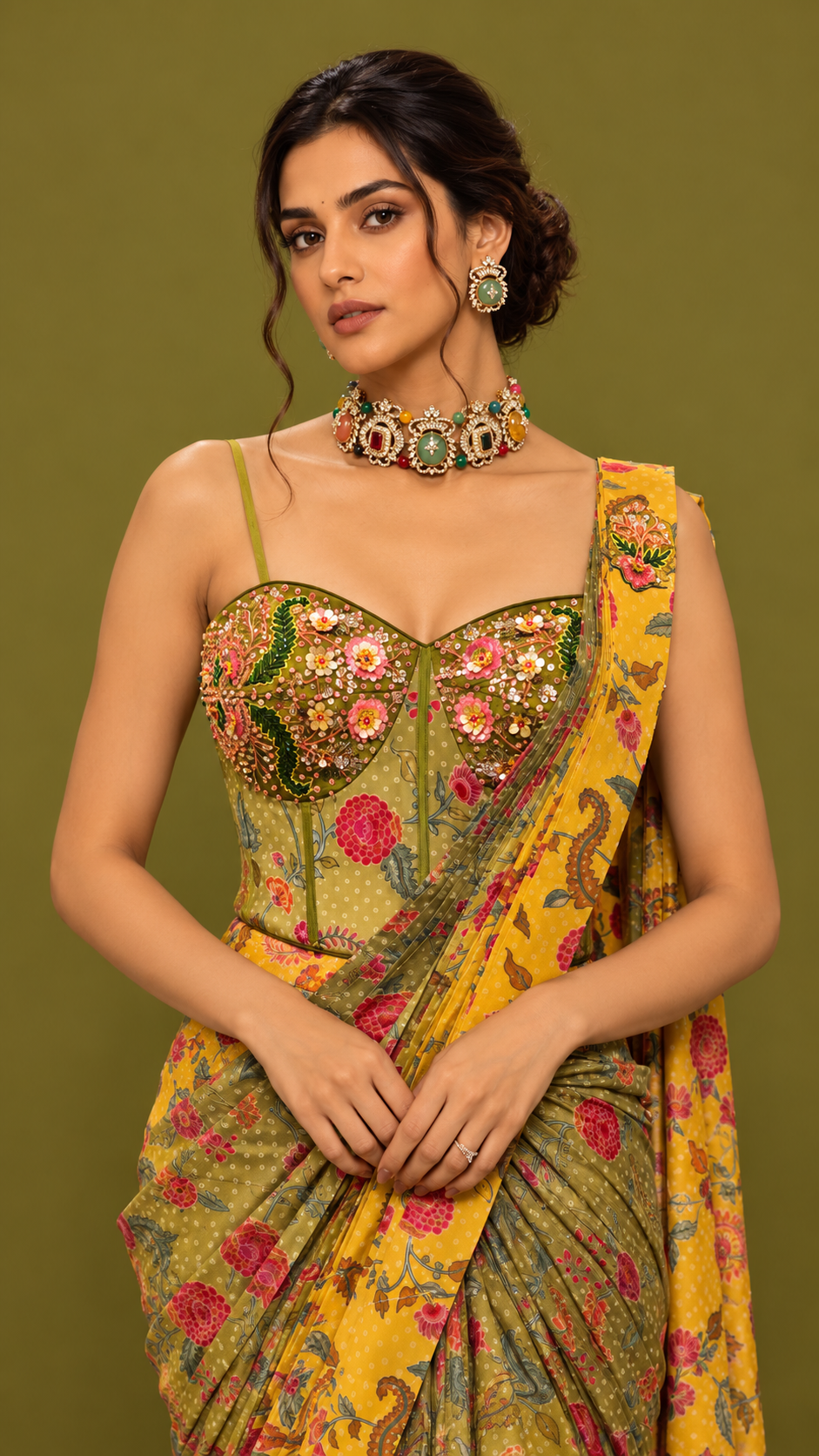 Mustard Olive Printed Saree
