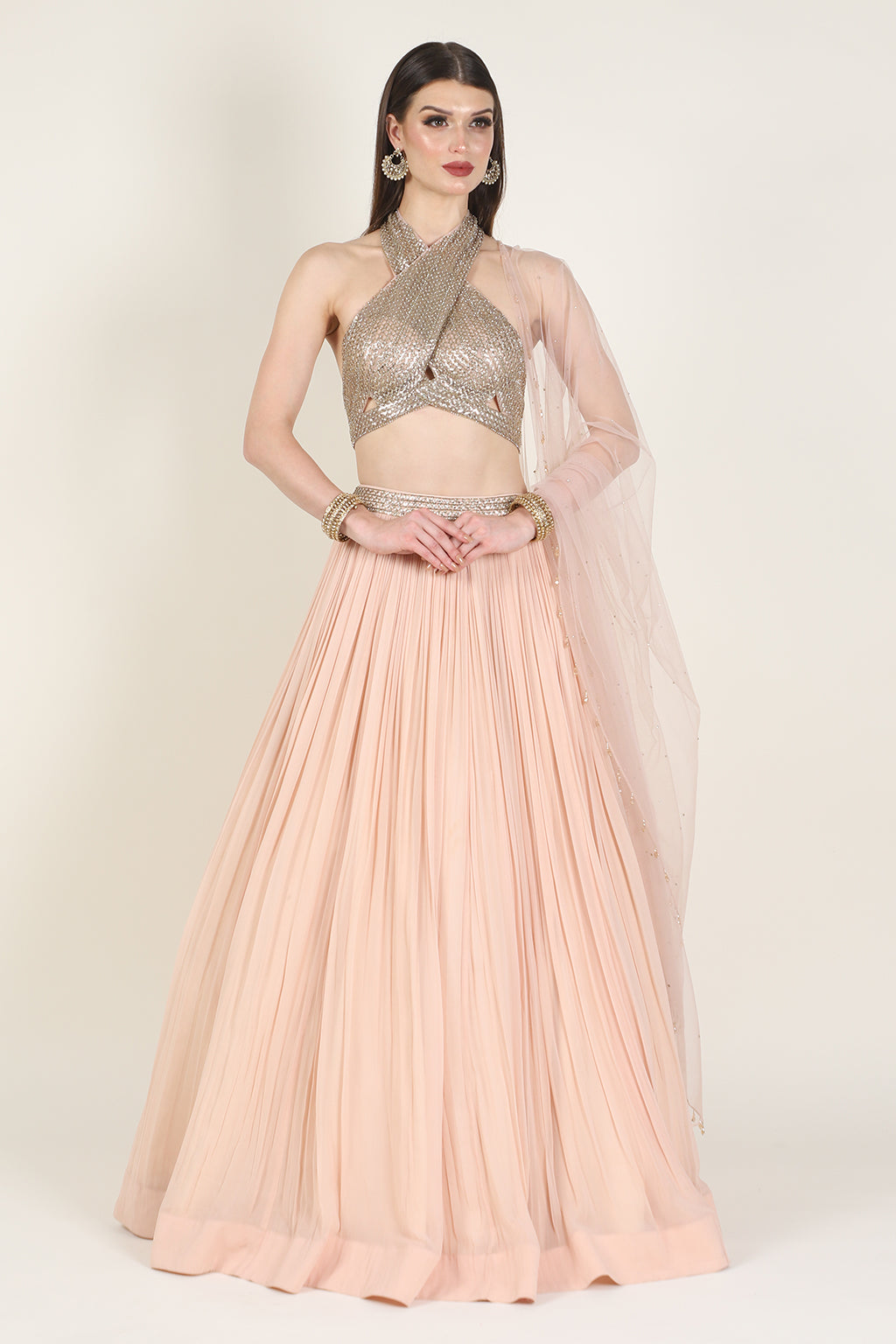 GOLDEN EMB TOP WITH PEACH RUSSING SKIRT