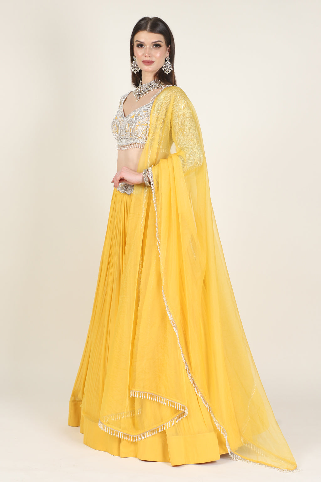 IVORY EMB FULL SLEEVE TOP  WITH YELLOW RUSSING SKIRT