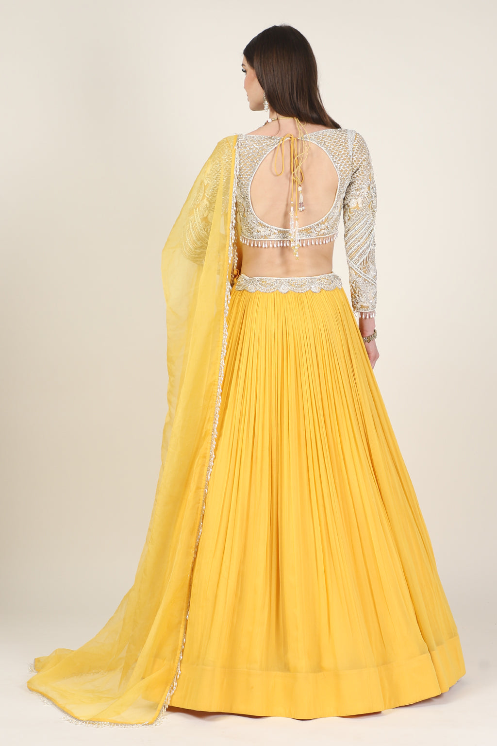 IVORY EMB FULL SLEEVE TOP  WITH YELLOW RUSSING SKIRT