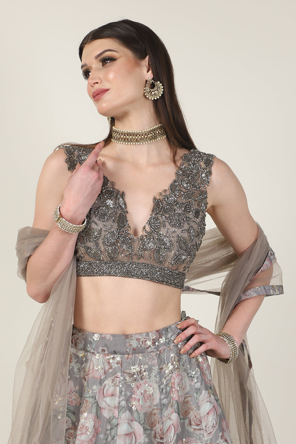 GREY EMB TOP WITH PRINTED ZARI SKIRT