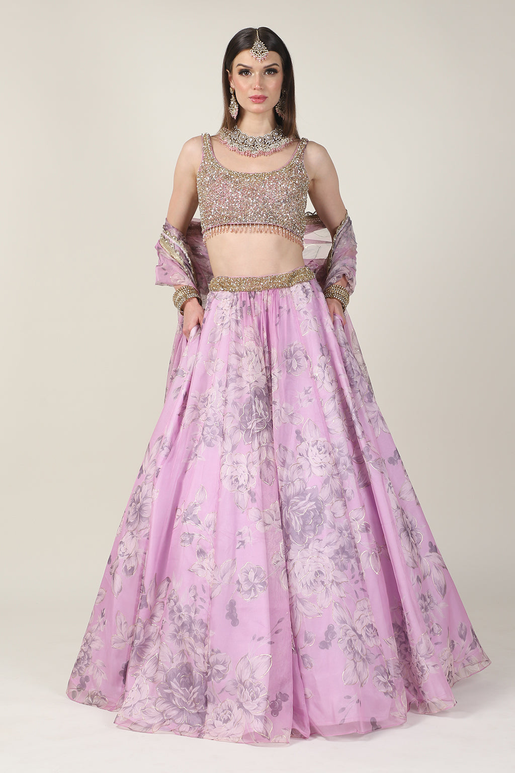 GOLDEN EMB TOP WITH PINK PRINTED SKIRT