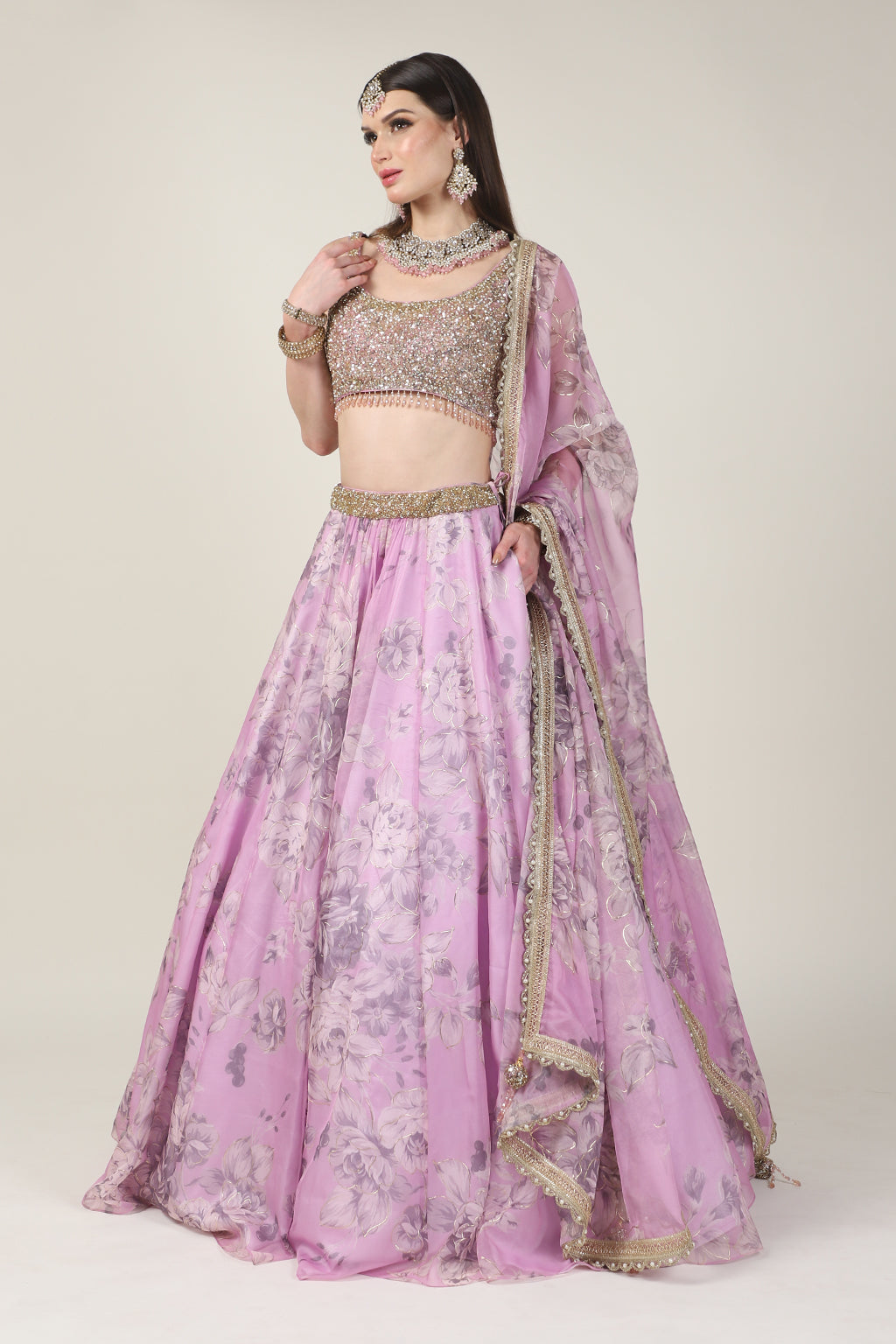 GOLDEN EMB TOP WITH PINK PRINTED SKIRT