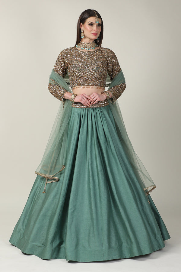 GOLDEN EMB FULL SLEEVE TOP WITH SAGE GREEN SKIRT