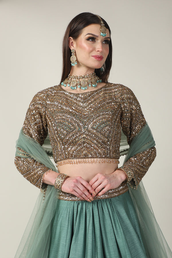 GOLDEN EMB FULL SLEEVE TOP WITH SAGE GREEN SKIRT