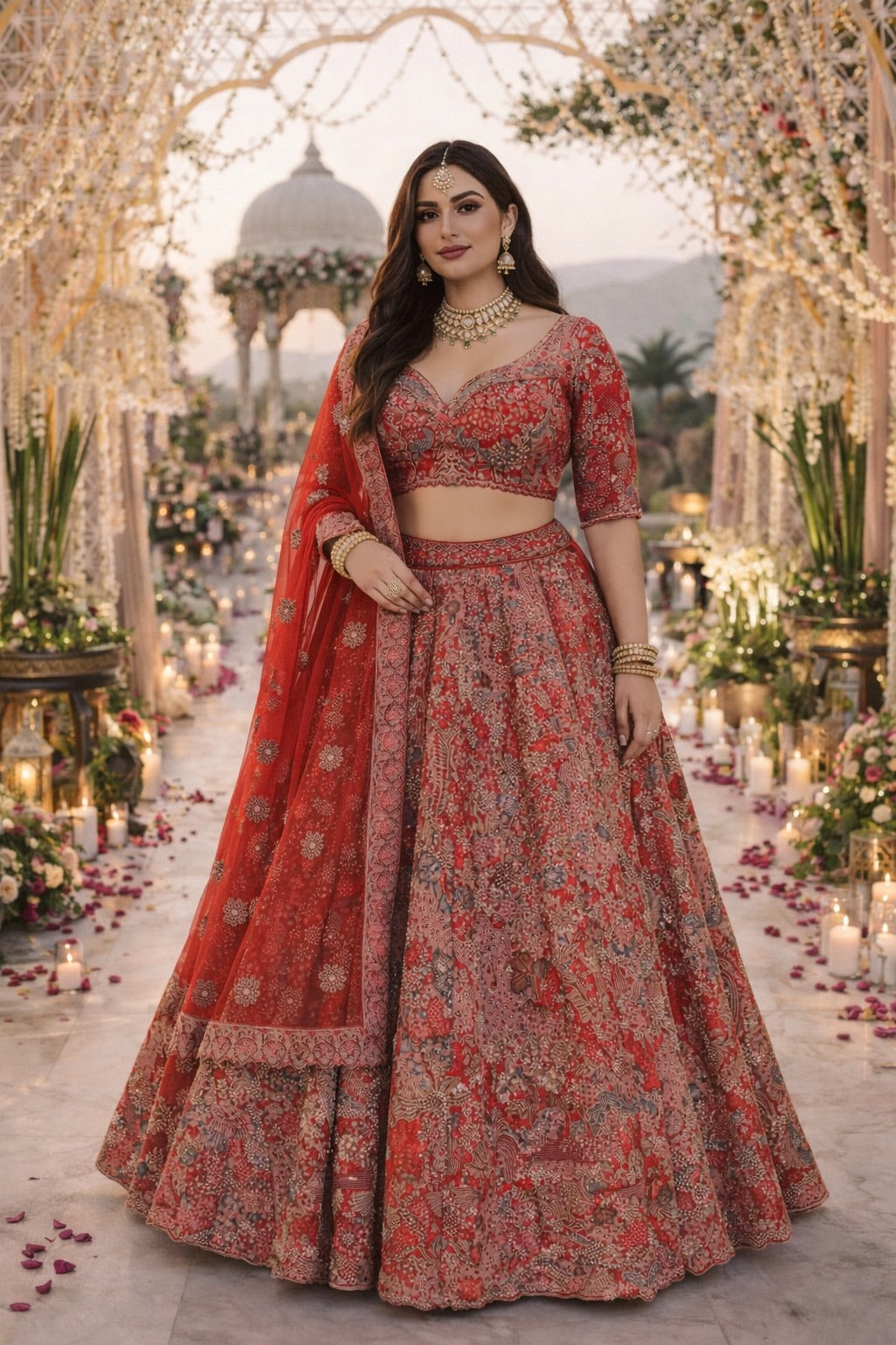 RED EMBROIDERED LEHENGA SET WITH SLEEVES AND 1 DUPATTA