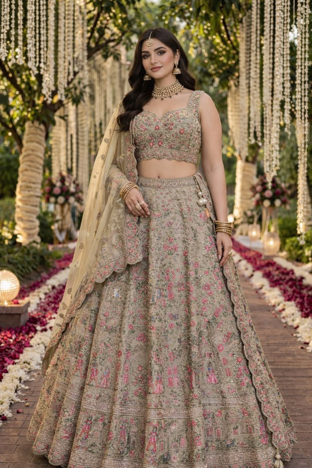 Sage green lehenga set embroidered with pink motifs paired with 1 dupatta