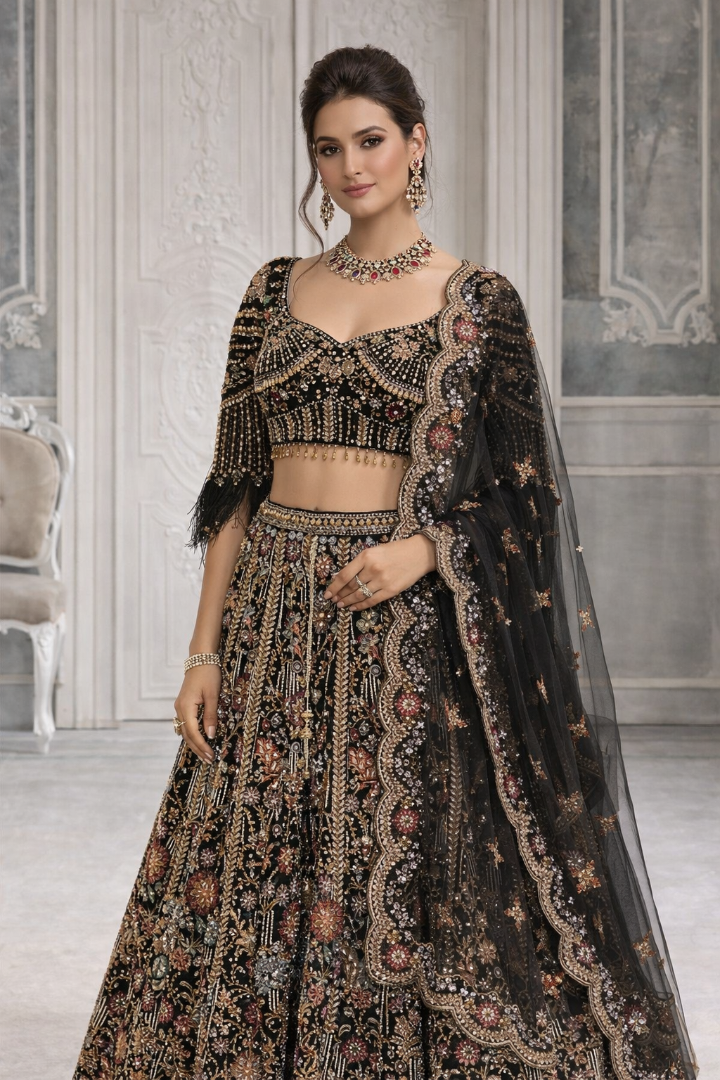 BLACK TOP FEATHER ON SLEEVES WITH EMB KALI SKIRT