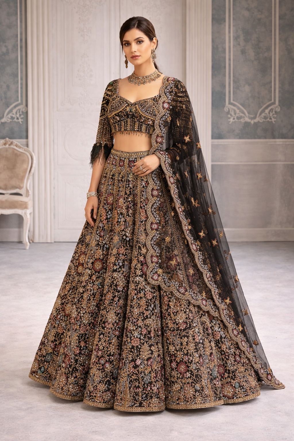 BLACK TOP FEATHER ON SLEEVES WITH EMB KALI SKIRT