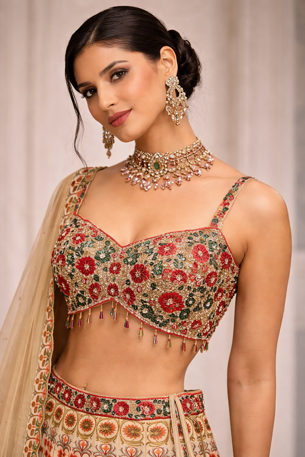 Multi-coloured Embroidered top with floral printed skirt