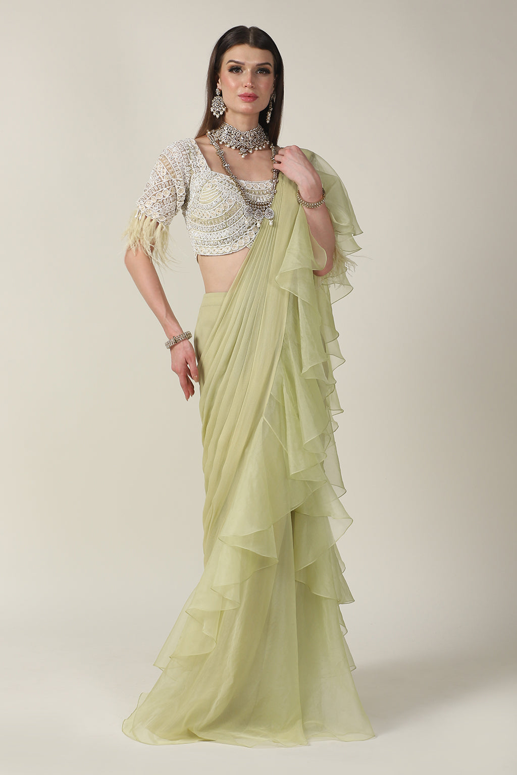 PISTA GREEN  EMB TOP, FEATHER ON SLEEVE WITH DRAPE SAREE