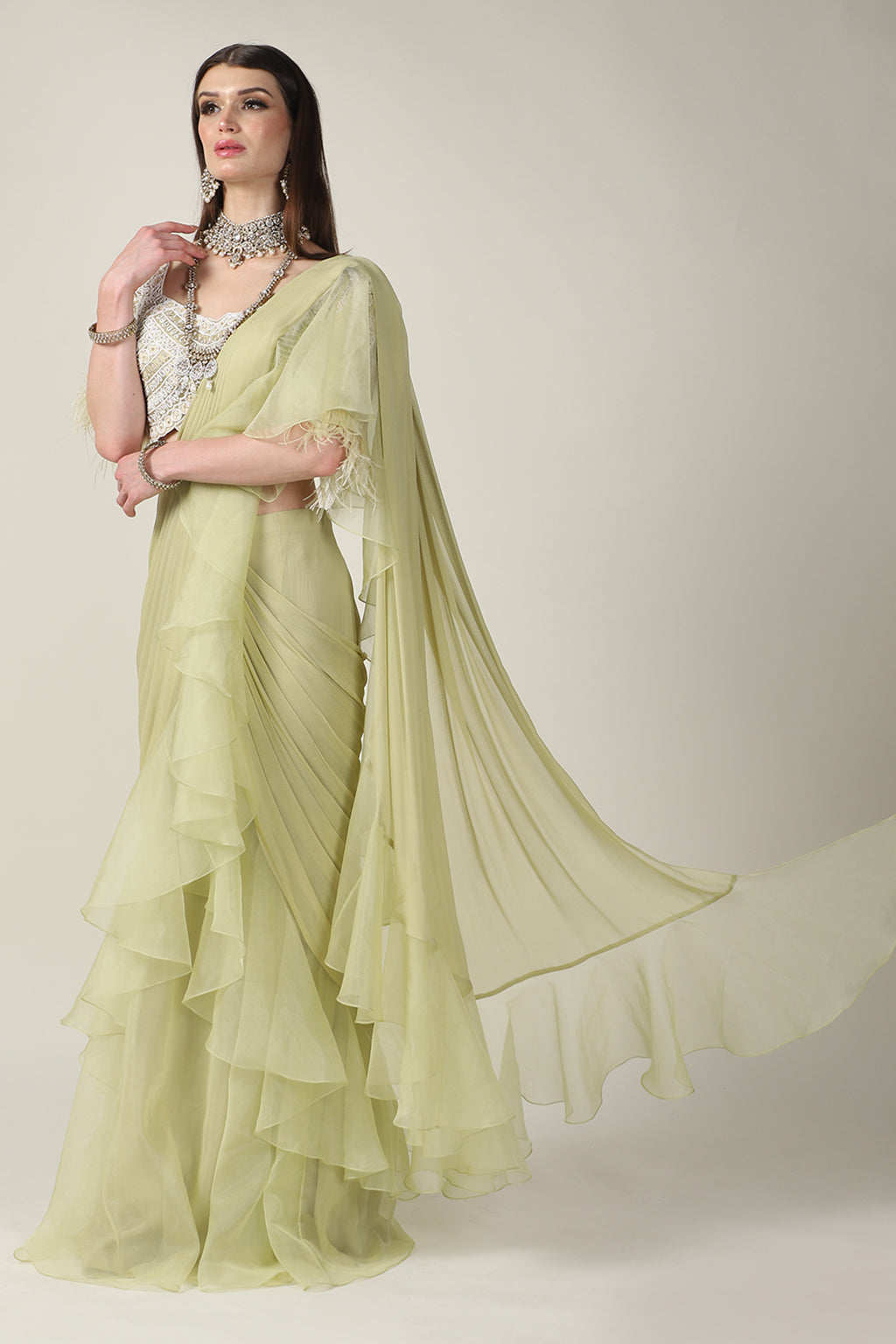 PISTA GREEN  EMB TOP, FEATHER ON SLEEVE WITH DRAPE SAREE