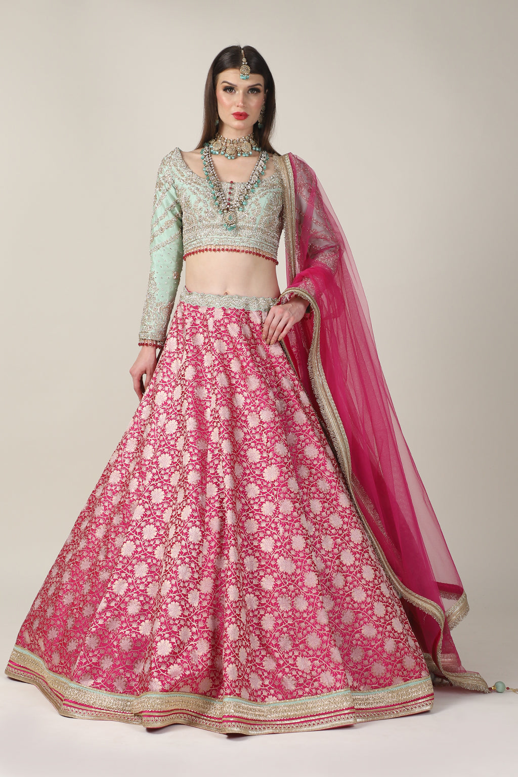 MINT GREEN EMB TOP WITH FUCHSIA PINK SKIRT