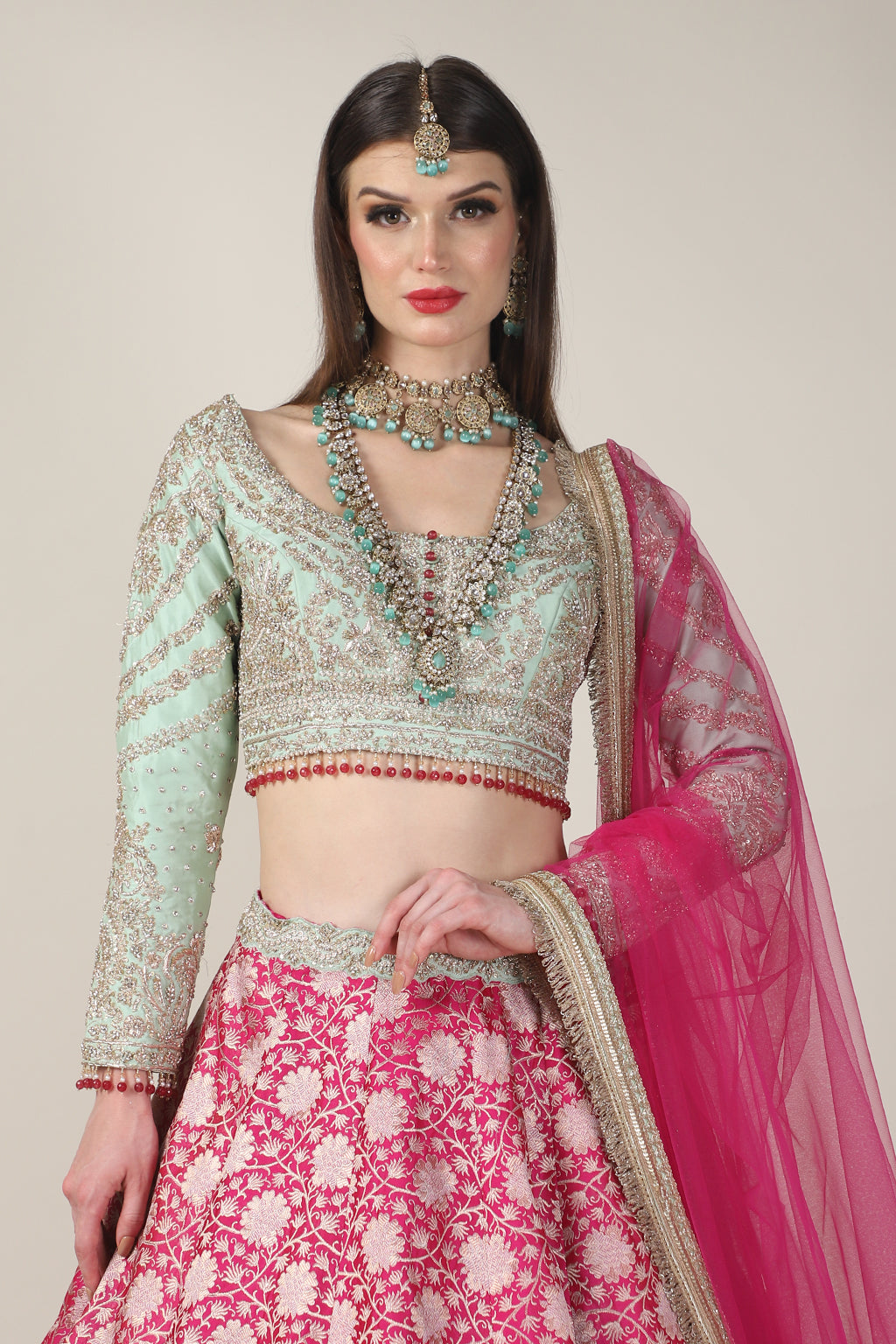 MINT GREEN EMB TOP WITH FUCHSIA PINK SKIRT