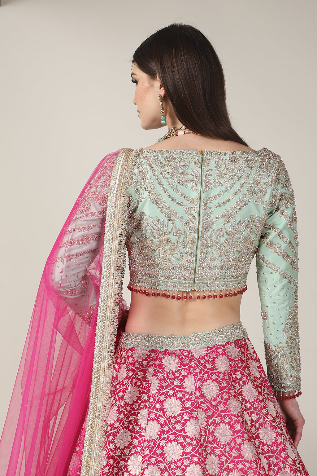 MINT GREEN EMB TOP WITH FUCHSIA PINK SKIRT