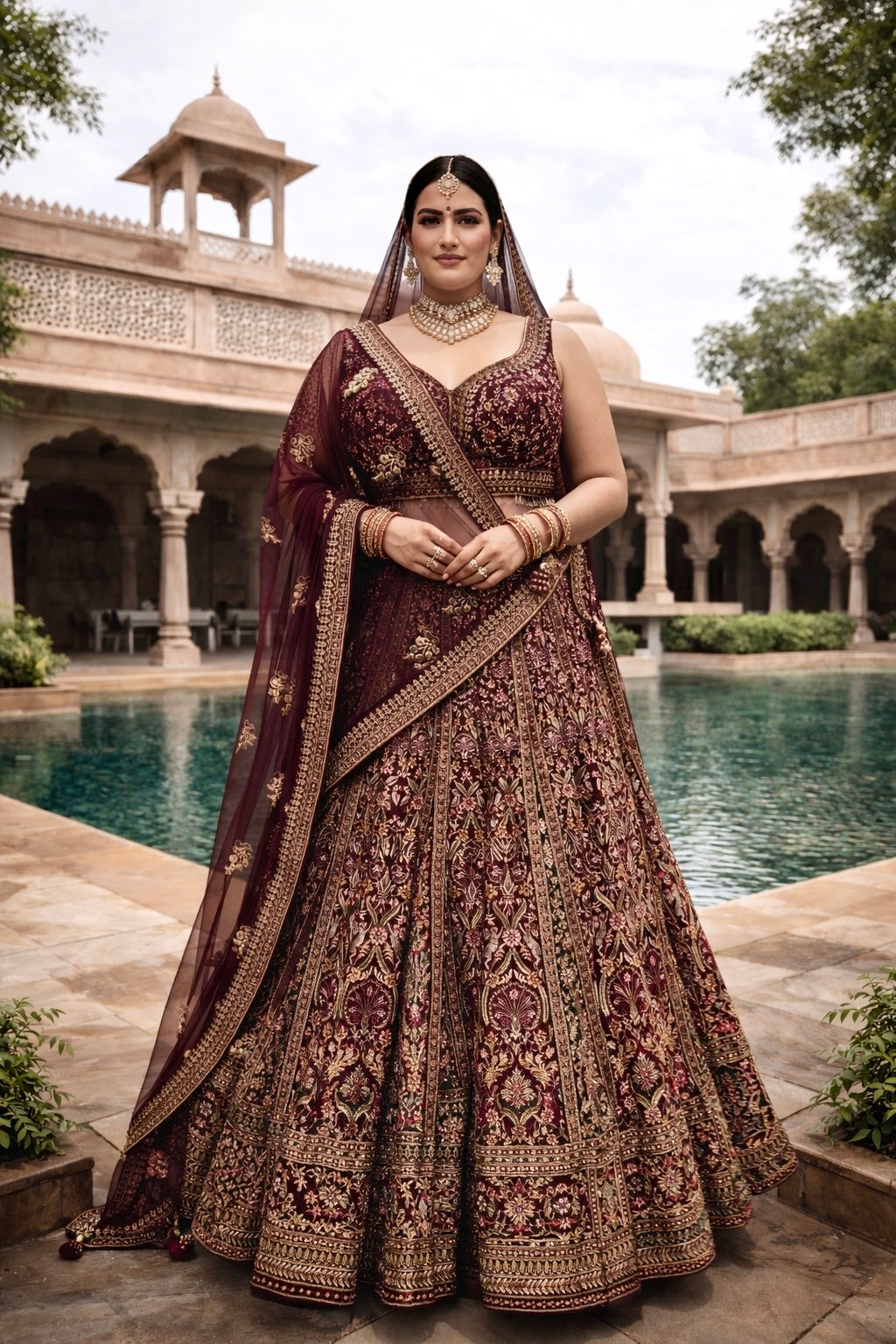 Fully embroidered deep maroon velvet lehenga set paired with 2 net dupattas