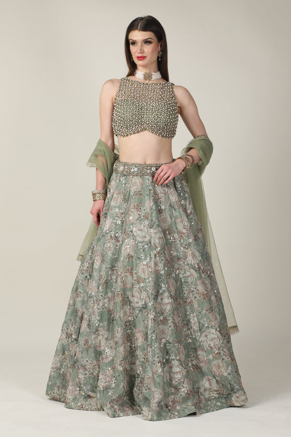 EMB PEARL TOP WITH GREEN SKIRT