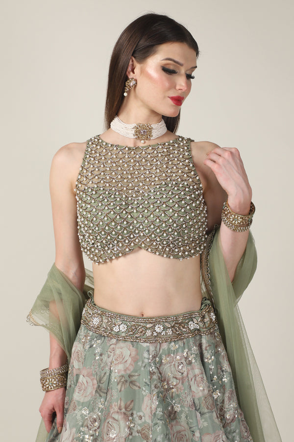 EMB PEARL TOP WITH GREEN SKIRT