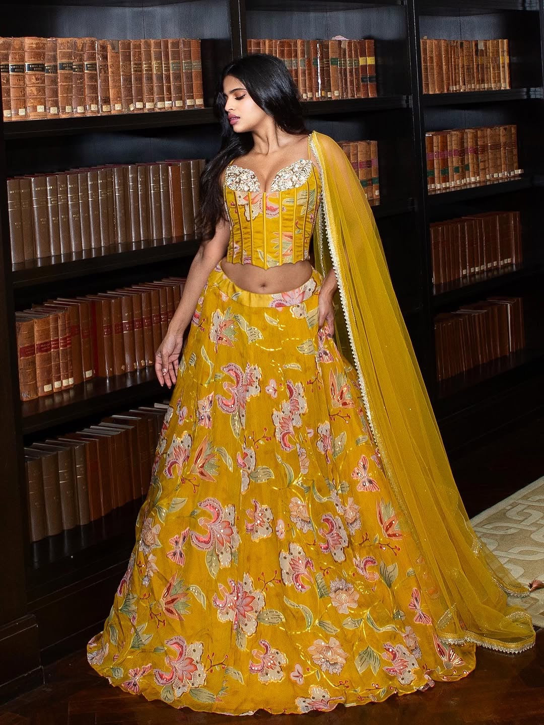 Mustard yellow corset with floral organza lehenga set with dupatta