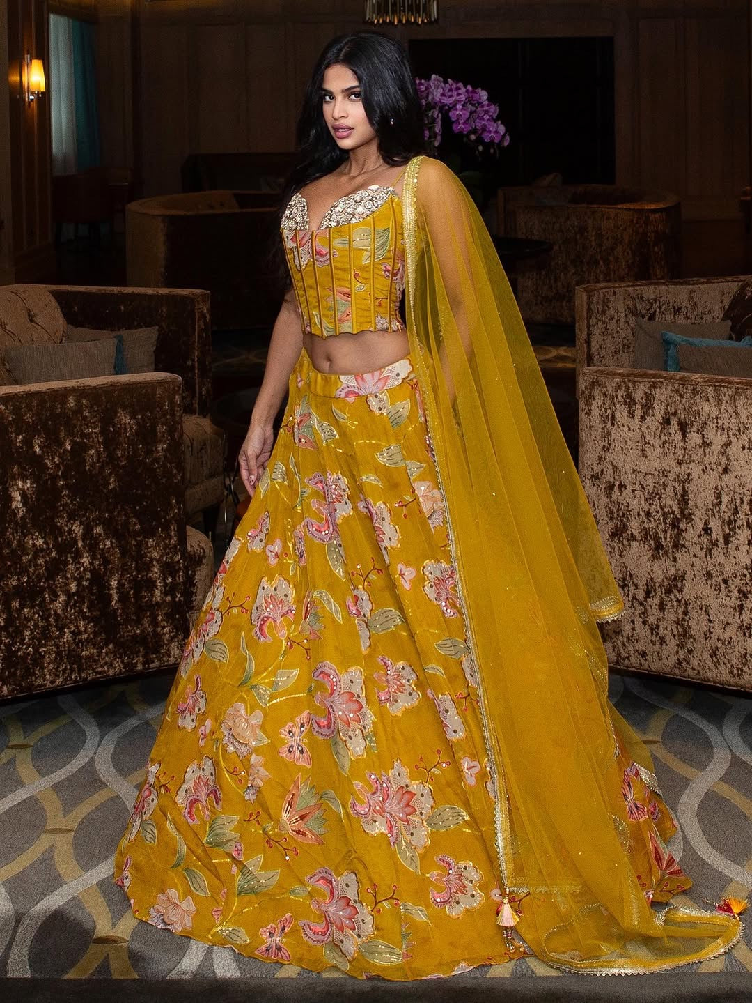 Mustard yellow corset with floral organza lehenga set with dupatta