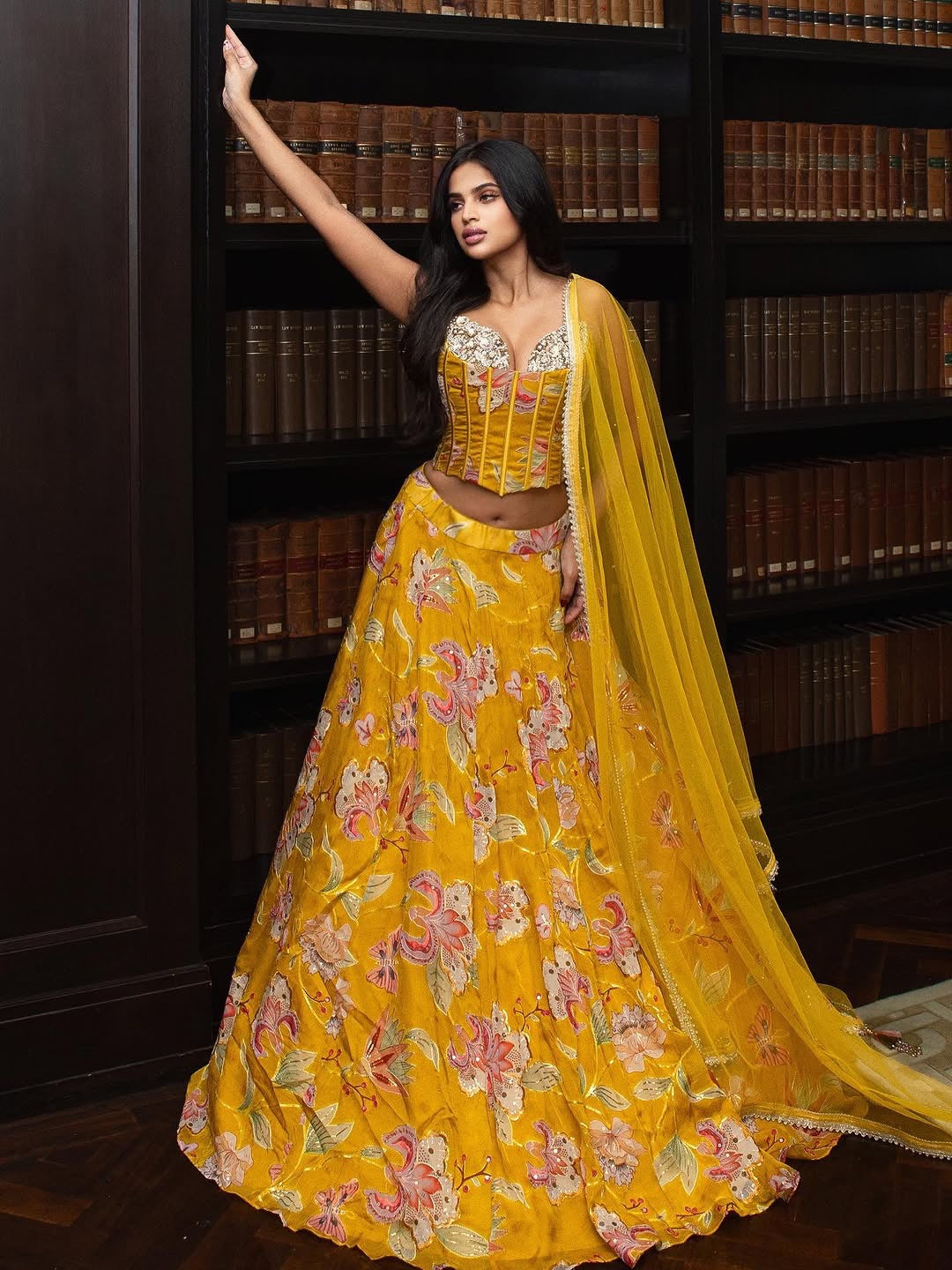 Mustard yellow corset with floral organza lehenga set with dupatta